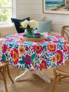 1pc Mexican Floral Print Tablecloth, Colorful Boho Style Lace Trim Tablecloth, Festive Decor Suitable For Dining Room, Kitchen, Indoor & Outdoor - Multicolor - View 1