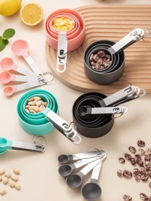 Bộ 8 cốc và thìa đong định lượng, có thể xếp chồng lên nhau, cốc đong có tay cầm bằng thép không gỉ, dụng cụ nhà bếp dùng trong nấu nướng và làm bánh. - Hồng - Xem 9