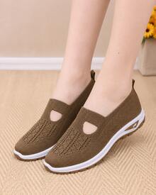 2026 Summer Women's Hollow Out Knit Flat Shoes, Slip On Mary Jane Casual Sneakers, Elastic Breathable Lightweight Walking Shoes, Non Slip Thick Sole Comfortable Support Footwear, Stylish Versatile Daily Wear Shoes For Campus, Travel, Shopping, Street - Brown - View 2