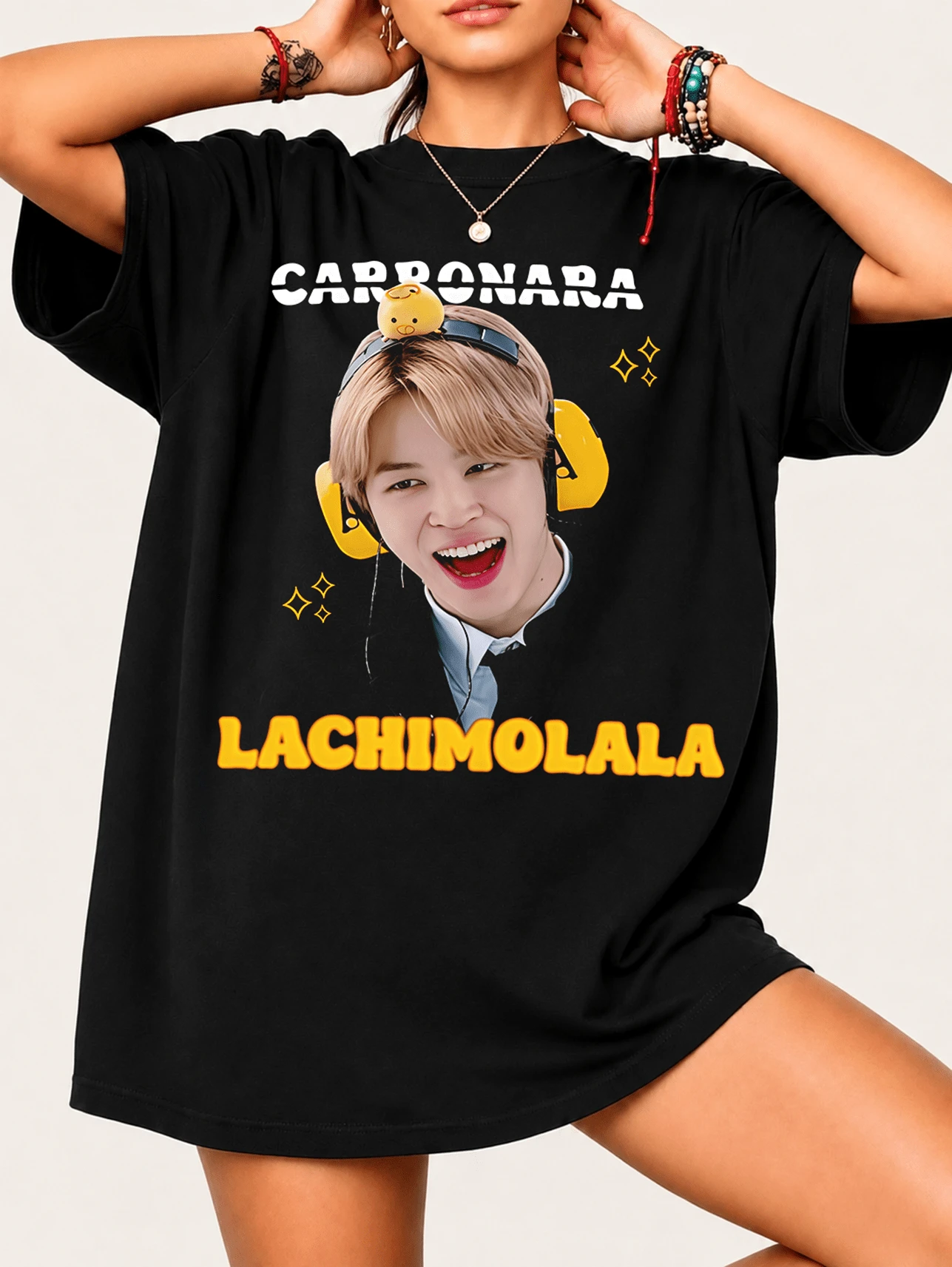 Jimins BTSS Lachimolala Cute K-Pop Style T-Shirt, 100% Cotton, Unisex - Black - View 1