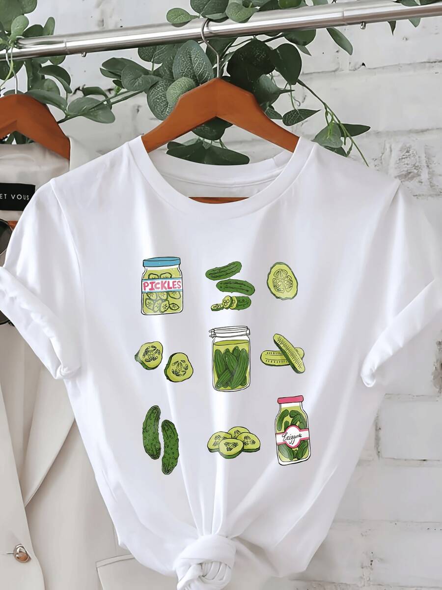 Pepinillos verdes frescos en frascos que evocan sabor y energía veraniega con estética divertida y moderna para expresar alegría diaria camiseta de mujer casual y cómoda - Blanco - Ver 1