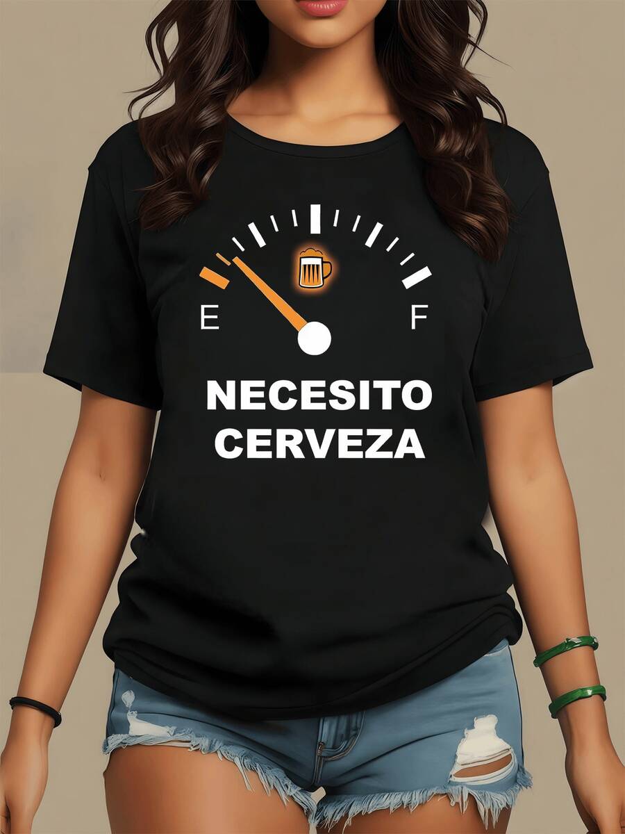 Energy Meter In The Shape Of A Fuel Gauge Showing Empty With A Beer Mug Symbol Conveying Humor And A Desire For Relaxation-Perfect For Fun Moments. Comfortable Casual Women's T-Shirt - 黑色 - 查看 1