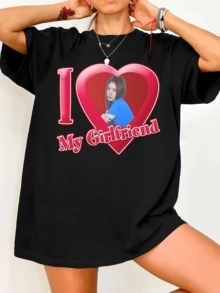 Twic.E I Love My Girlfriend Sana A T-Shirt Once Tee This Is For Concerts. Vintage Graphic Print Casual Black Cotton Short-Sleeved T-Shirt - Black - View 1