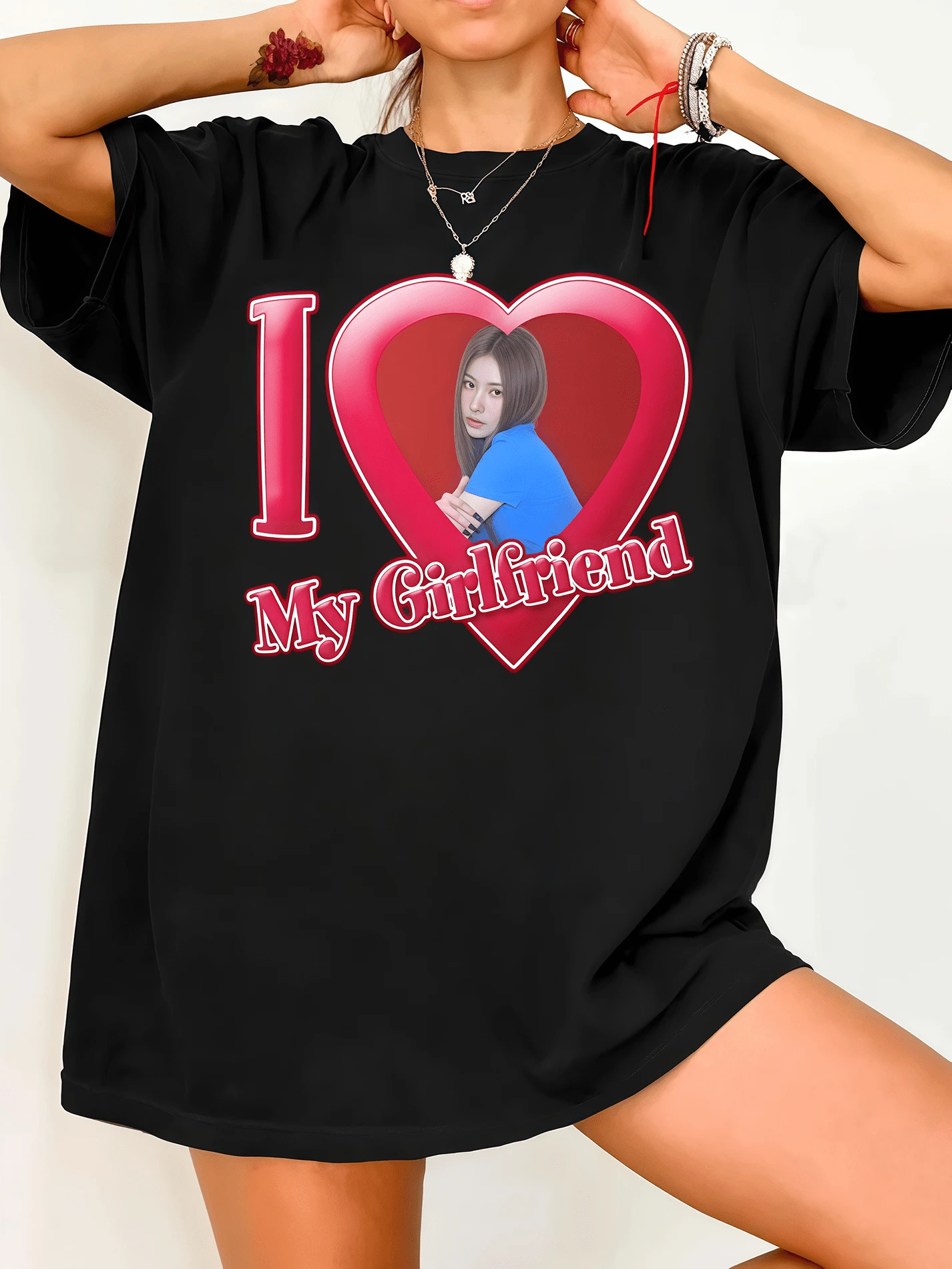 Twic.E I Love My Girlfriend Sana A T-Shirt Once Tee This Is For Concerts. Vintage Graphic Print Casual Black Cotton Short-Sleeved T-Shirt - Black - View 1
