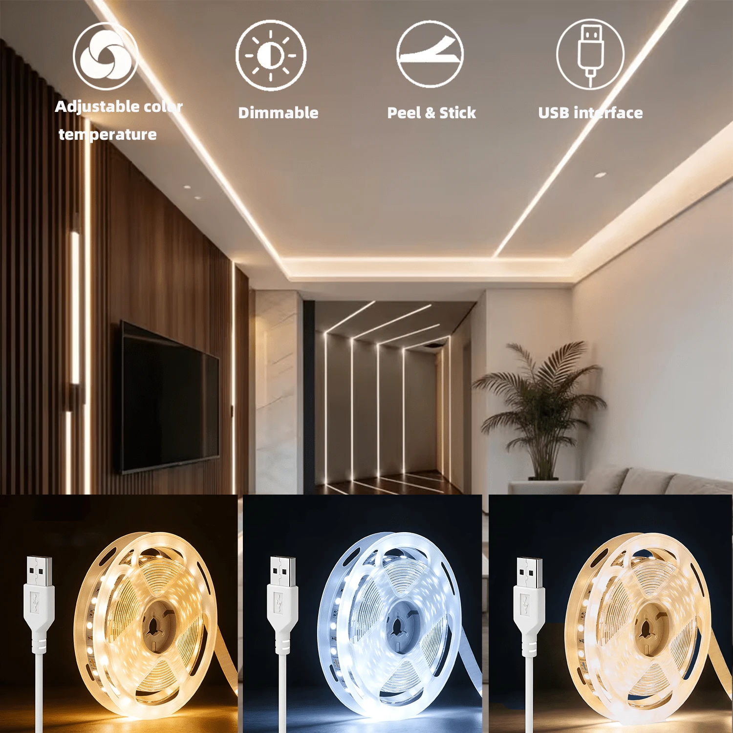 3-60Ft Decorative LED Strip Lights, 3 Color Temperatures Warm White/Natural White/Cool White, USB Powered, Cuttable, Dimmable, With Button On-Off For Bedroom, Stairs, Wardrobe, Mirror, Living Room Decor, Festival Party