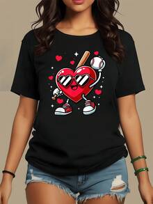 Corazón animado con gafas sosteniendo un bate y una pelota que transmite energía divertida y amor por el deporte camiseta de mujer casual moderna para uso diario - Negro - Ver 8
