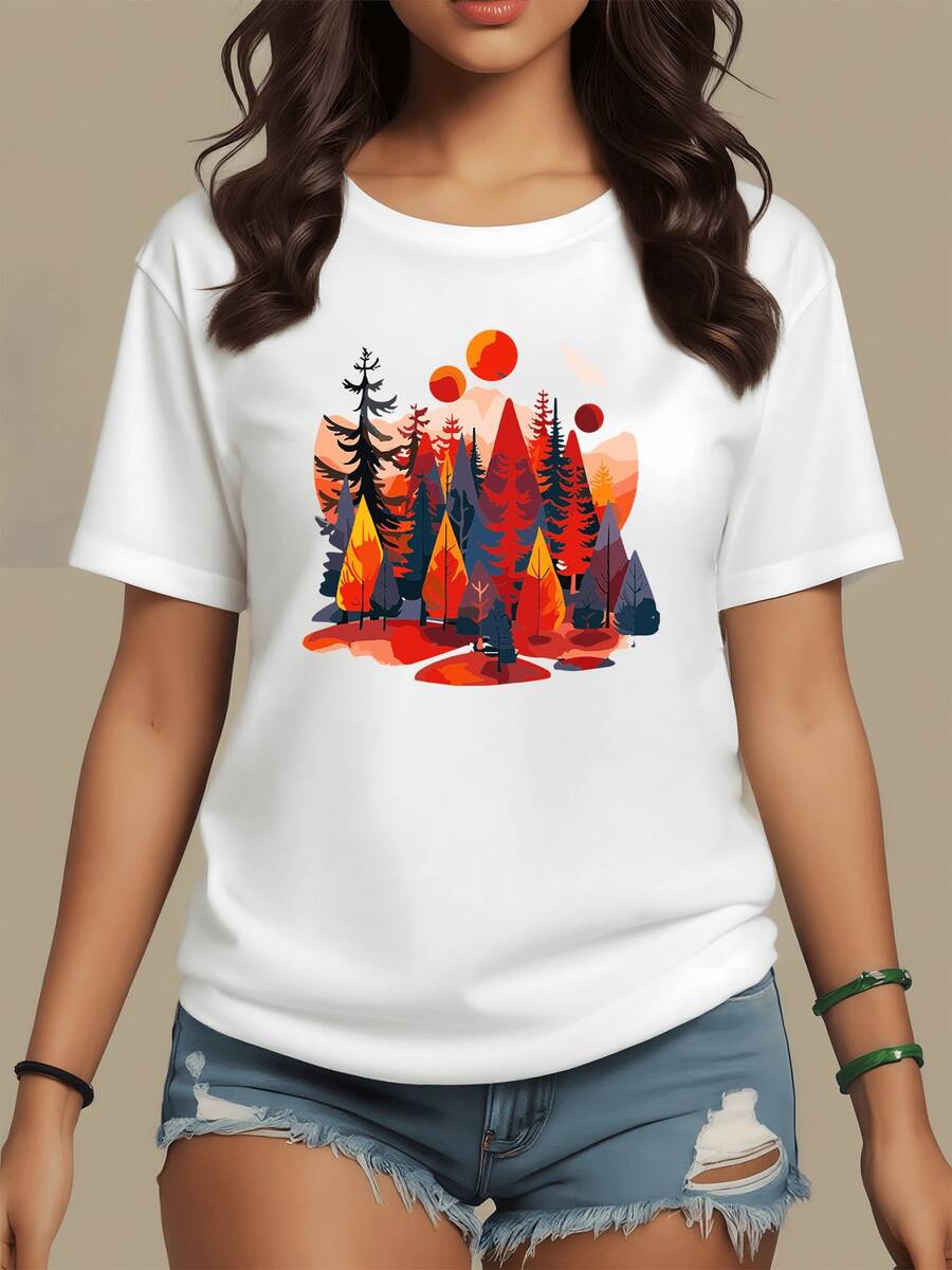 Bosque colorido con árboles altos y hojas en tonos cálidos que evocan la energía del atardecer y la conexión con la naturaleza camiseta de mujer cómoda y moderna para uso diario - Blanco - Ver 1
