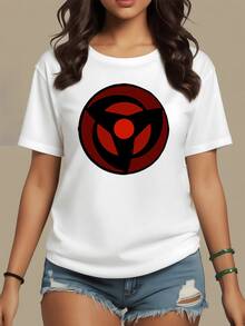Circular Reddish Symbol Representing Inner Energy And Spiritual Strength With Three Points Evoking Eternal Movement And Perfect Balance. Comfortable, Modern, And Casual Women's T-Shirt For Everyday Wear. - 白色 - 查看 1