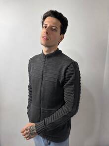 Men's Zippered Knit Jacket, Striped Sweater, Autumn/Winter, Regular Fit, Zipper, Daily Wear, For Going Out - 深灰色 - 查看 1