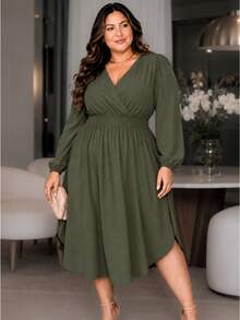 Women's Plus Size Dress With Wrap Neckline, Long Sleeves, Side Slit, Loose Fit, For Parties - Hijau Tentara - View 5