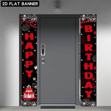Fondo de banner de fiesta de cumpleaños en 2D, decoración de puerta con tema de cumpleaños, fondo negro con prominente texto rojo "Feliz Cumpleaños", incluye pastel, fuegos artificiales, estrellas, caja de regalo, banderines, hecho de material de poliéster, sin fuente de alimentación requerida - 1PC - Ver 2