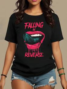 Sensual Open Lips With A Bright Green Tongue And Intense Lettering That Evokes Rebellion And Modern Energy; Modern Casual Women's T-Shirts For Everyday Wear - 黑色 - 查看 1