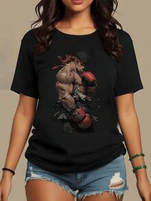 Figura de un poderoso luchador con guantes rojos que representa fuerza superación y espíritu de combate en cada detalle camiseta de mujer moderna y cómoda para uso casual - Negro - Ver 8