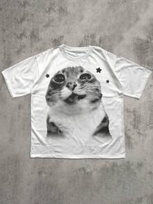 Rostro de gato con mirada curiosa rodeado de estrellas que transmiten ternura y energía cósmica en un efecto visual moderno camiseta de mujer cómoda y casual para diario - Blanco - Ver 8