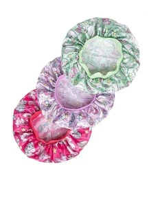 Awegeo 3件套儿童睡帽，多色窄檐新款弹力腰带印花舒适睡眠帽及发饰套装 - 3Pcs-多色 - 查看 2
