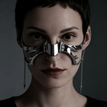 1pc Cyberpunk Metal Face Mask, Unique Design Asymmetrical Fluid Face Decor,Party - Silver - View 7