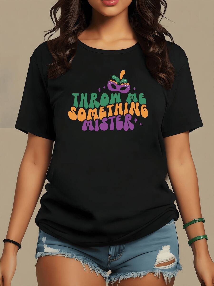 Colorful Mask With Feathers And Festive Lettering That Evoke Carnival Joy And A Free-Spirited Celebration On Holidays; Comfortable And Modern Women's T-Shirt Ideal For Casual Wear And Joyful Gatherings - 黑色 - 查看 1