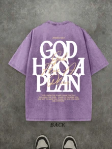 Plus-Size Jesus-Themed T-Shirt - "God Has A Plan" Graphic Tee | Double-Sided Print, Vintage Washed Finish 100% Pure Cotton, 210g Heavyweight FabricTee - 紫丁香色 - 查看 2