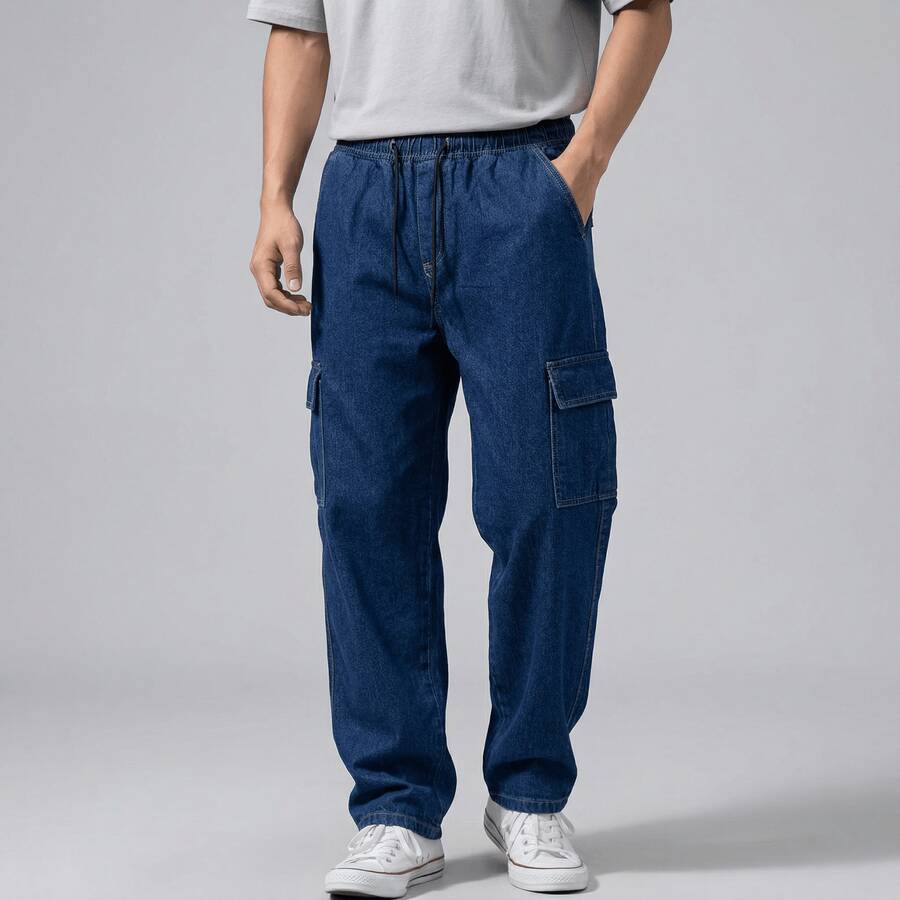 Men's Dark Blue Cargo Jeans Without Elastane, With Drawstring Waist And Side Pockets - C/03 - 查看 1