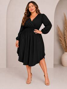 Women's Plus Size Dress With Wrap Neckline, Long Sleeves, Side Slit, Loose Fit, For Parties - màu đen - Xem 1