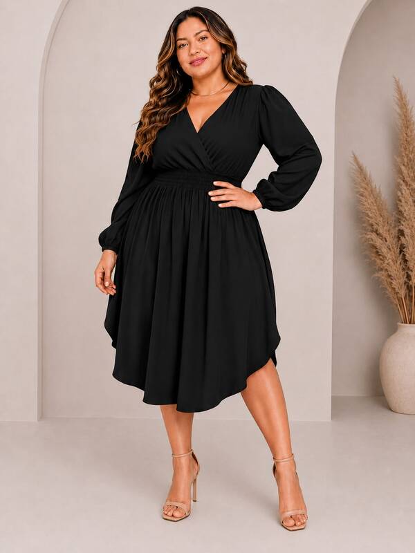 Vestido Feminino Plus Size Decote Transpassado Manga Comprida Com Abertura Lateral Soltinho Festas