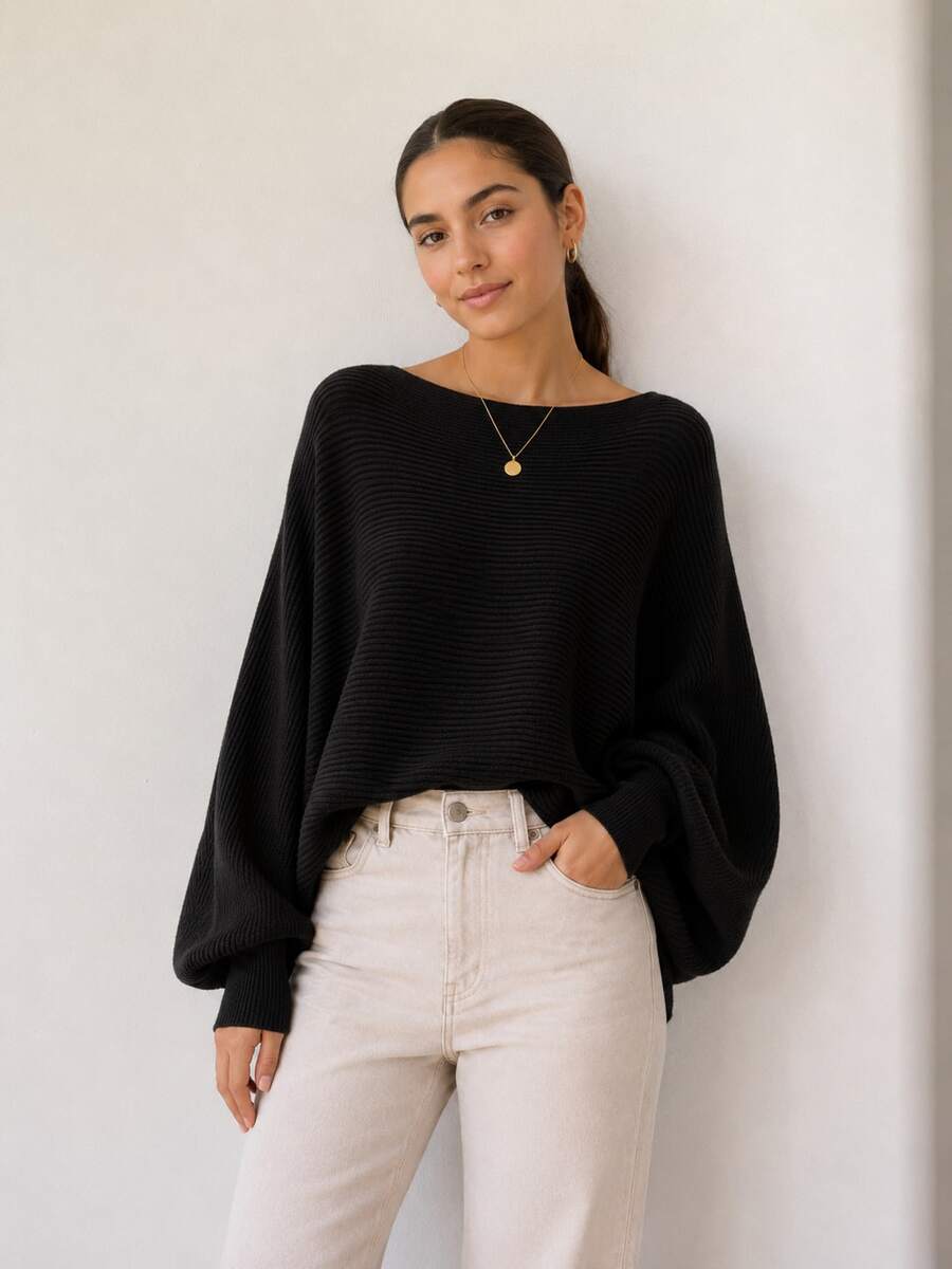Women's Black Knit Blouse With Batwing Sleeves, Oversized Ribbed Knit Sweater, Loose Fit, Casual Fashion - màu đen - Xem 1