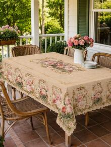 1pc Vintage Rose Printed Tablecloth, Luxurious Gold Floral Border Design With Lace, French Country Style, Polyester Tablecloth Suitable For Kitchen, Dining Room, Patio, Wedding, Home Decor - milk coffee color - View 7