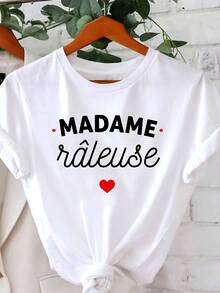 Women's 100% Cotton Plus Size Round Neck T-Shirt, Printed With Humorous And Self-Deprecating Text In French "MADAME Râleuse", For Spring-Summer, Casual Daily Use. - White - View 1