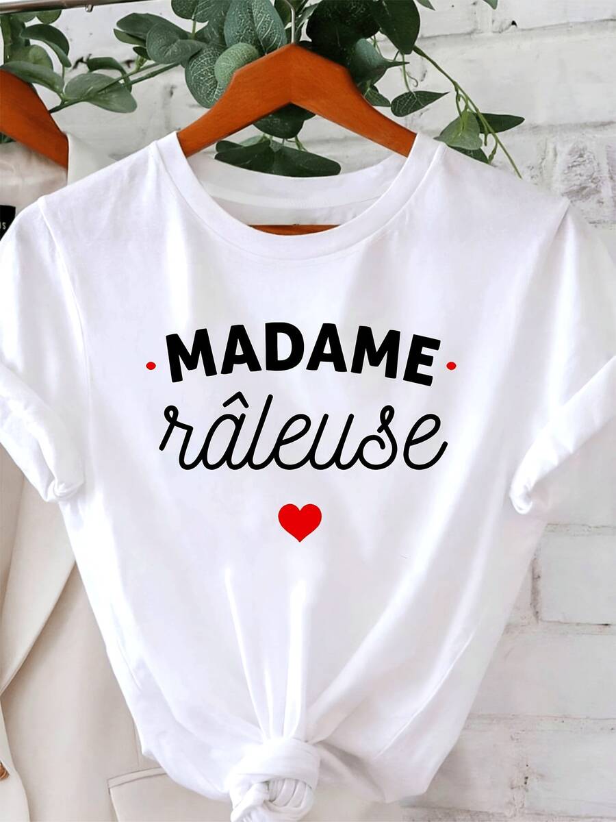 Women's 100% Cotton Plus Size Round Neck T-Shirt, Printed With Humorous And Self-Deprecating Text In French "MADAME Râleuse", For Spring-Summer, Casual Daily Use. - White - View 1
