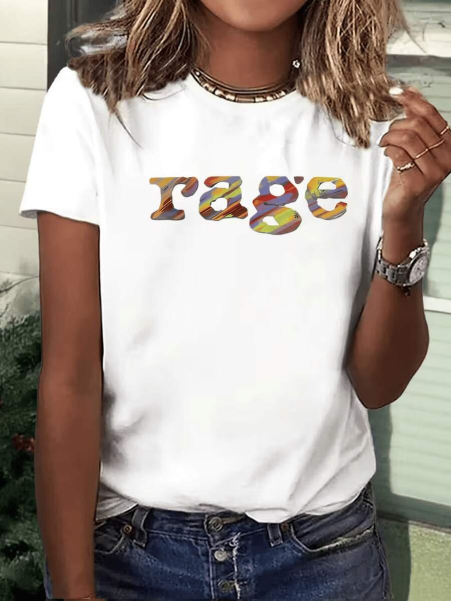 Palabra rage"con colores abstractos simboliza fuerza interior energía y libertad personal en tonos vibrantes que reflejan confianza moderna y expresión auténtica camiseta de mujer casual cómoda para uso diario - Blanco - Ver 1