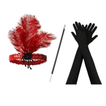 3 piezas Disfraz de fiesta vintage de los años 20 para mujer, incluye 1 tocado de plumas, 1 par de guantes para mujer y un portacigarrillos. - Negro - Ver 17