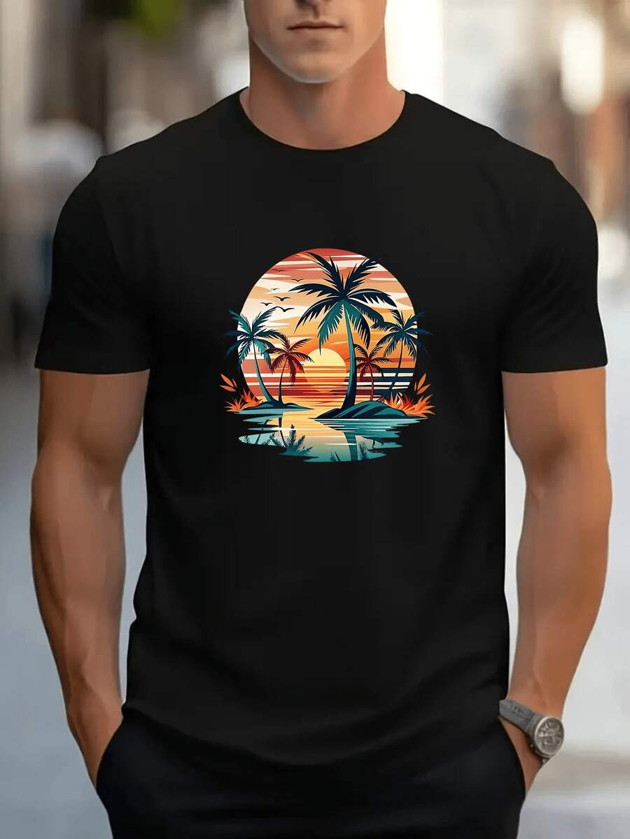 Men'S Short Sleeve Casual Sports-Shirt With Print Pattern Comfortable Regular Round Neck Outdoor Top - 黑色 - 查看 1