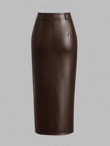 女士优雅修身开衩直筒皮裙，深棕色，适合春夏度假、日常通勤、办公、散步、约会等场合。 - 棕色 - 查看 3