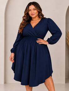 Women's Plus Size Dress With Wrap Neckline, Long Sleeves, Side Slit, Loose Fit, For Parties - Navy Blue - View 5