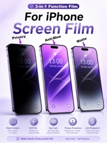 适用于 17 Pro Max 的 2 片/套哑光紫色隐私屏幕保护膜，全覆盖柔性软膜，具有防蓝光和防窥功能，兼容 16 Pro Max/13 Pro/14 Pro/15/14/13/12/11/17e/16 Plus 系列手机壳 - 黑色 - 查看 2