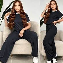 Comfort And Style In One Outfit! Upgrade Your Look With Our 2-Piece Set: A Ribbed Top And Super Comfortable Pants. Available In Various Colors. Women's 2-Piece Casual Set: Short-Sleeve Crew Neck Top And High-Waisted Loose Wide-Leg Pants - Ribbed Textured Loungewear Set For Summer And Yoga - 黑色 - 查看 5