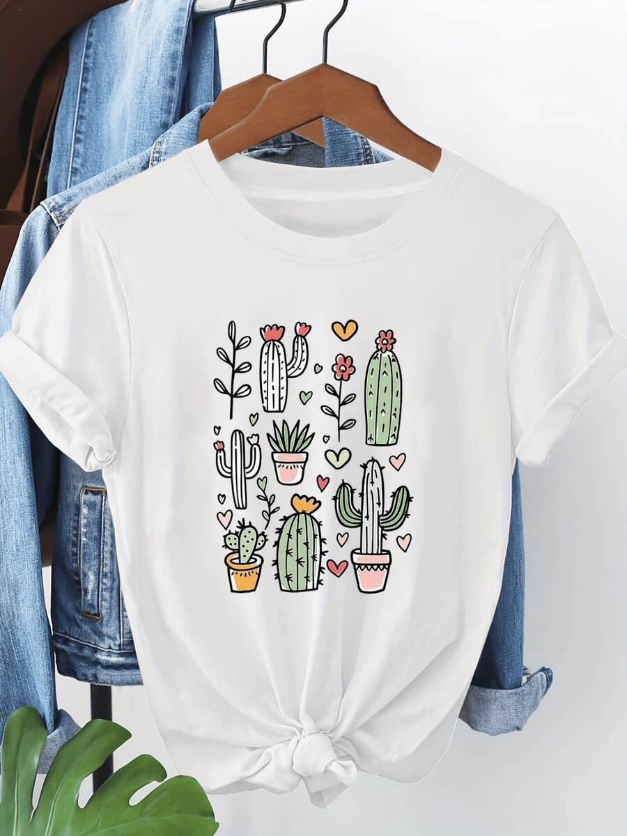 Con varios cactus en macetas que representan la vida en el desierto el amor por la naturaleza y la fuerza interior en tonos suaves y corazones coloridos camiseta de mujer casual y cómoda para verano - Blanco - Ver 1