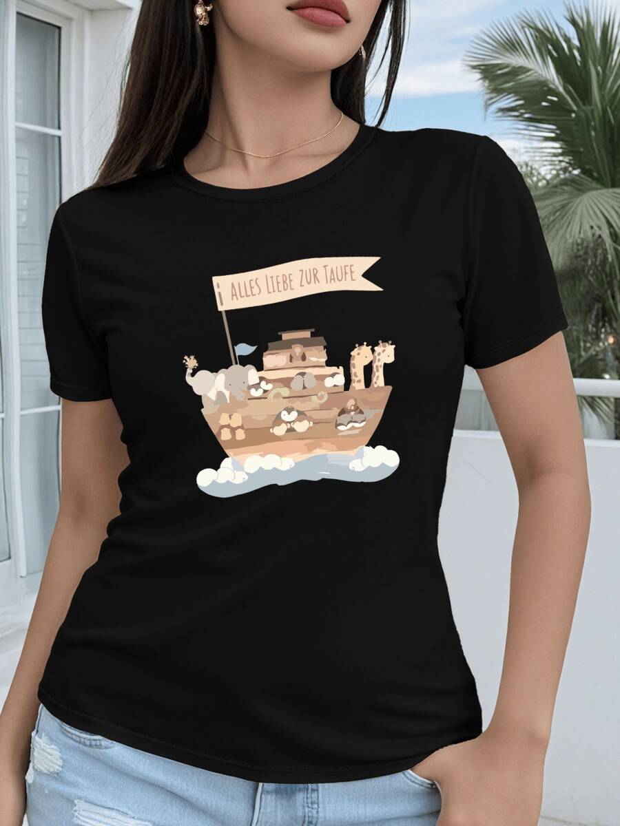 Arca navegando sobre nubes suaves con animales felices que transmiten ternura esperanza y unión acompañada de un mensaje de buenos deseos para una nueva etapa de vida camiseta de mujer casual cómoda para diario - Negro - Ver 1
