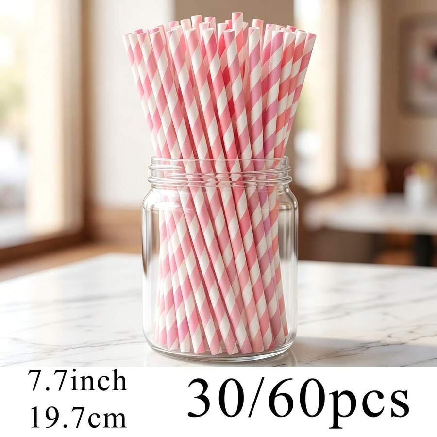 30/60支装条纹一次性纸吸管 | 6*197毫米 | 防水防塌陷 | 加厚纸质 | 马卡龙清新派对风格 | 多色条纹图案(蓝/绿/黄/红/黑/紫/粉)直筒形 | 适用于奶茶、咖啡、果汁等饮品 | 生日派对、婚礼、野餐、露营、节日聚会、母亲节、家庭、咖啡馆等商业用途餐具 - 粉色 - 查看 1
