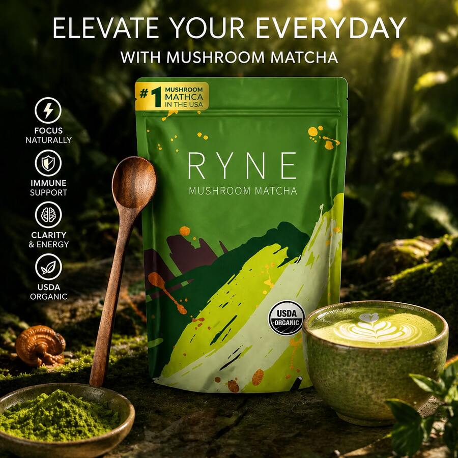 RYNE Mushroom Matcha Powder, USDA Organic Ceremonial Grade, Focus, Clarity & Immune Support, Natural Energy Boost, 1 Bag - 1件 - 查看 1