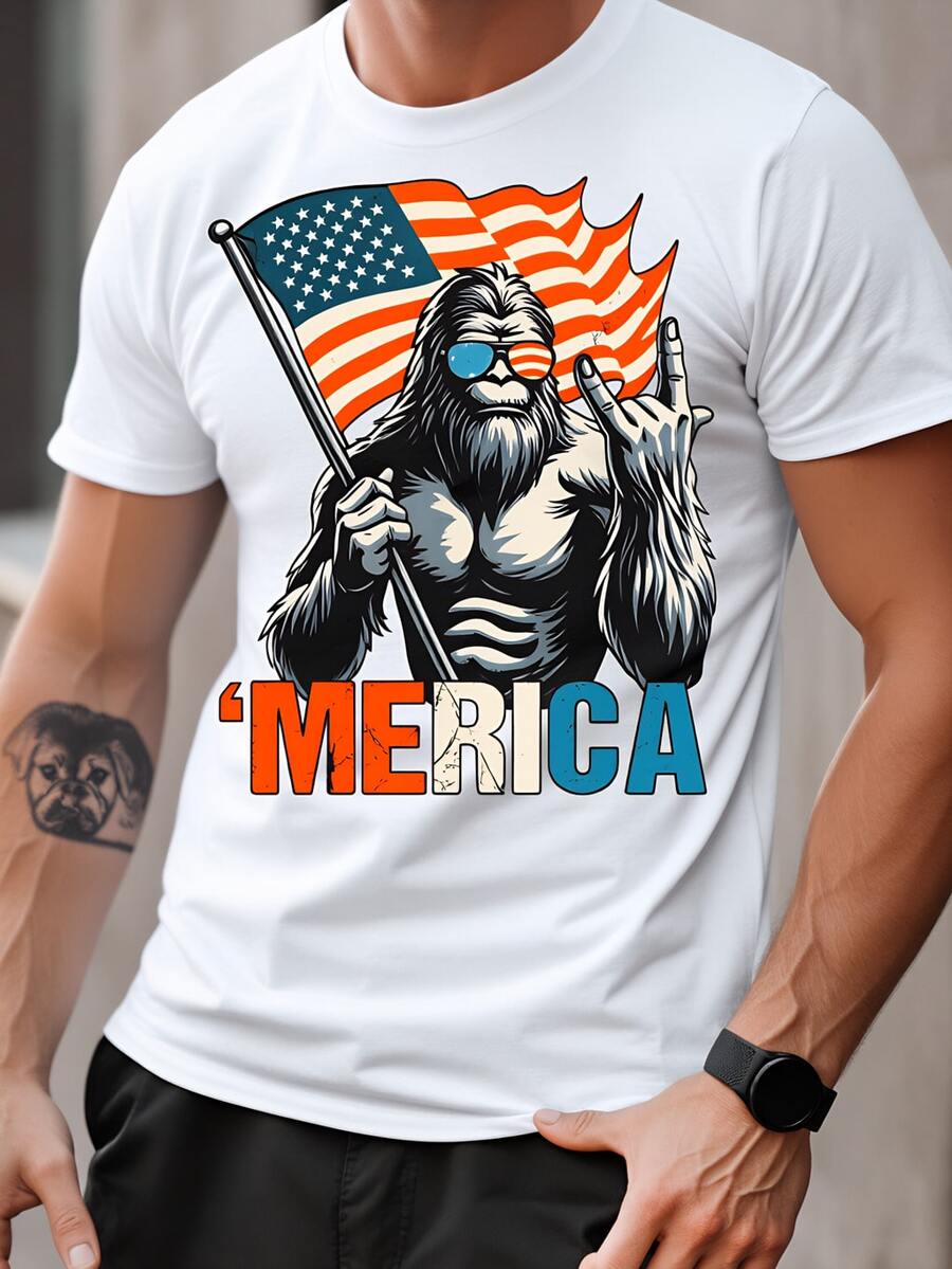 Men's Bigfoot USA Flag 'Merica Print Tee - Black Casual Summer T-Shirt, Comfortable Regular Fit Round Neck Short Sleeve Top For Casual Attire And Outdoor Activities, Everyday Outfit, Statement Lightweight Shirt, Mens Fashion - trắng - Xem 1