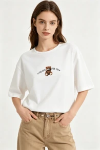 LEFTIES Women's Summer Casual Loose Crew Neck T-Shirt With Bear & Slogan Print - White - View 9