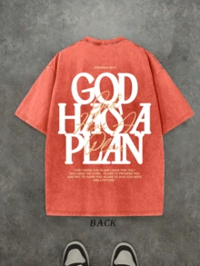 Plus-Size Jesus-Themed T-Shirt - "God Has A Plan" Graphic Tee | Double-Sided Print, Vintage Washed Finish 100% Pure Cotton, 210g Heavyweight FabricTee - 橘色 - 查看 2