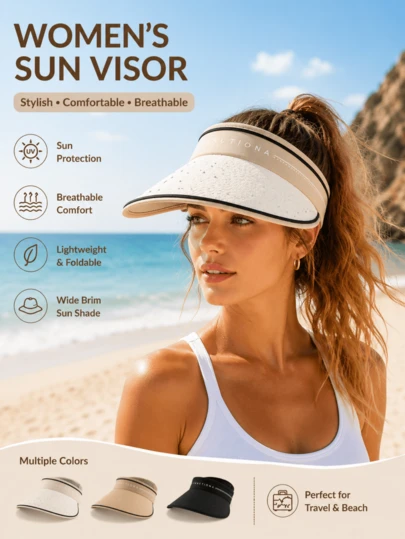 1pc Wide Brim Sun Visor Hat, UPF 50+ UV Protection Foldable Visor Cap, Lightweight Breathable Adjustable Summer Hat With Rhinestone Detail, Comfortable Sweatband, Ideal For Beach, Travel, Golf, Hiking & Outdoor Activities, Perfect Gift Choice For Outdoor Lovers