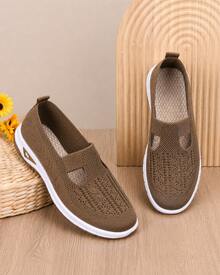 2026 Summer Women's Hollow Out Knit Flat Shoes, Slip On Mary Jane Casual Sneakers, Elastic Breathable Lightweight Walking Shoes, Non Slip Thick Sole Comfortable Support Footwear, Stylish Versatile Daily Wear Shoes For Campus, Travel, Shopping, Street - Brown - View 9