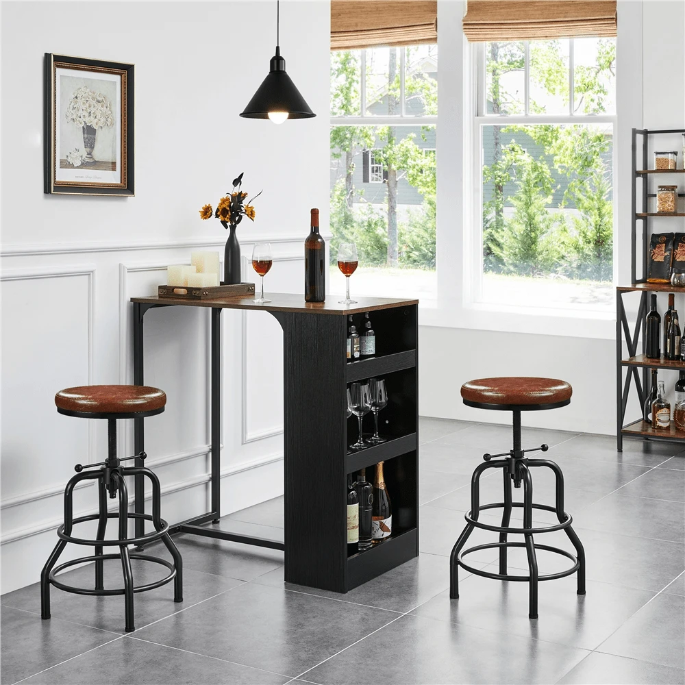 Butterslay Rustic Swivel Bar Stool 21.5-28 Inch Adjustable Bar Stool With Metal Frame Vintage Industrial Faux Leather Barstool Counter-Height Round Stool For Kitchen Dining Room Bistro Restaurant, Black/ Brown/ Light Brown - Brown - View 1