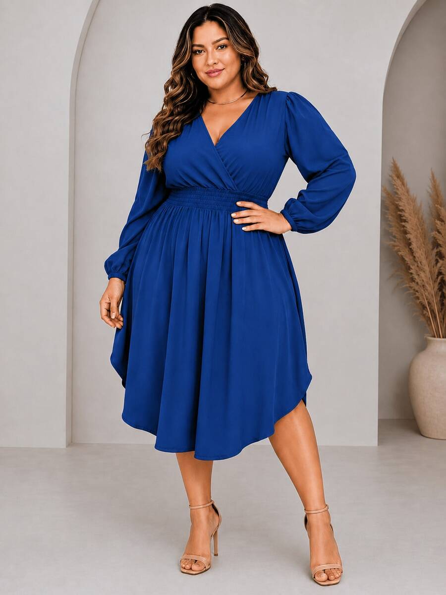 Women's Plus Size Dress With Wrap Neckline, Long Sleeves, Side Slit, Loose Fit, For Parties - Royal Blue - View 1
