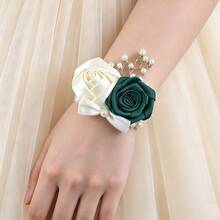 4pcs Elegant Ivory & Dark Green Rose, Korean Style Golden Leaf, Pearl, Bow Elastic Pearl Wrist Corsage, Bridal Bridesmaid Wrist Decor, High-End Wedding Party Prom Valentine's Day Event Wrist Accessory SW280 - Milk + Dark Green - View 2