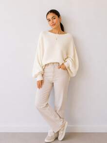 Women's White Knit Blouse With Batwing Sleeves, Oversized Ribbed Knit Sweater, Loose Fit, Elegant - White - View 2