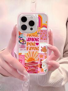 Resort Style 1pc Pink Frame Minimalist Lens Protection Sunlight & Wave Collage Pattern Phone Case, Compatible With IPhone 16 Pro Max, 17/16/15/14 Plus, 13/12/11, Air, Series - Multicolor - View 2
